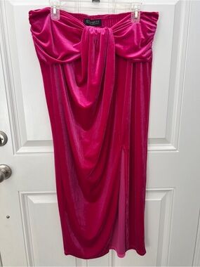 Eloquii Pink Velvet Strapless Midi‎ Dress Side Slit Draped Solid 14